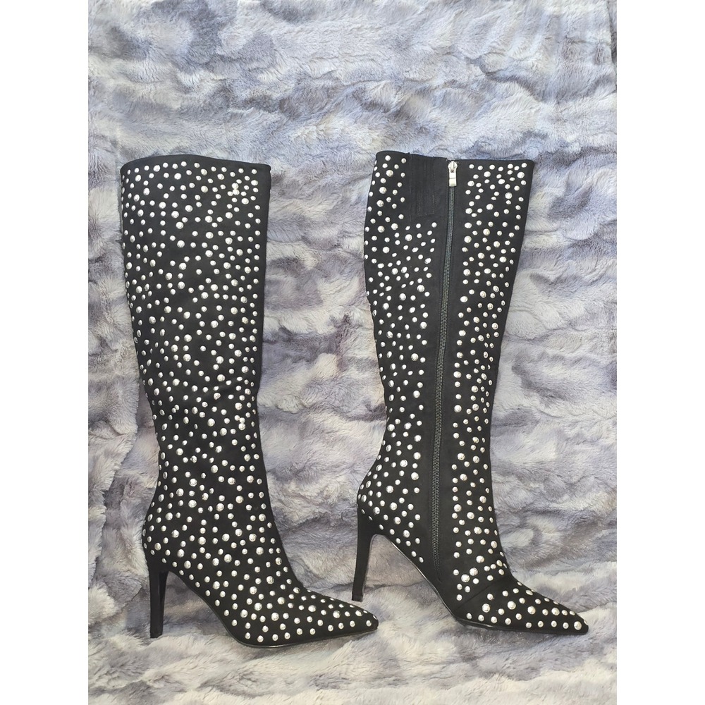NWB Lauren Lorraine Haddie Black Rhinestone Knee‎ High Stiletto Boots size  8.5